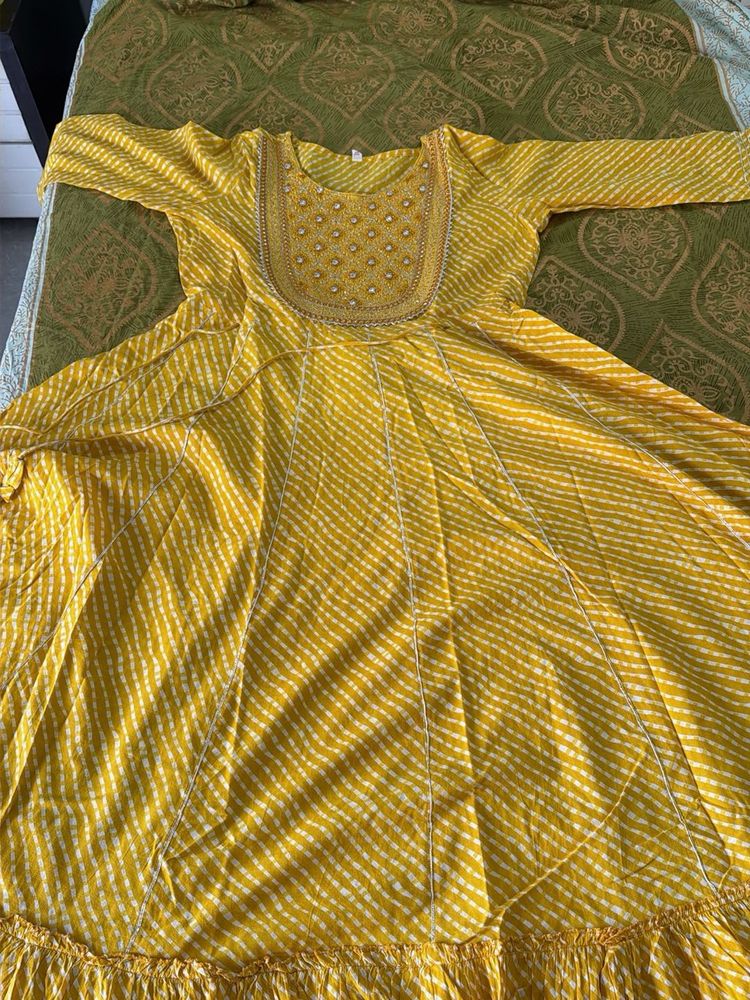Yellow Bandhani Lehriya Jaipuri Kurta