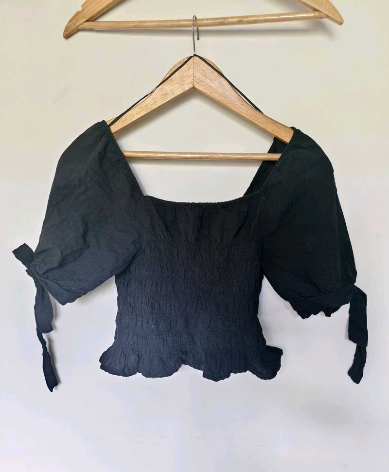 Black Smocked Puff Sleeve Top