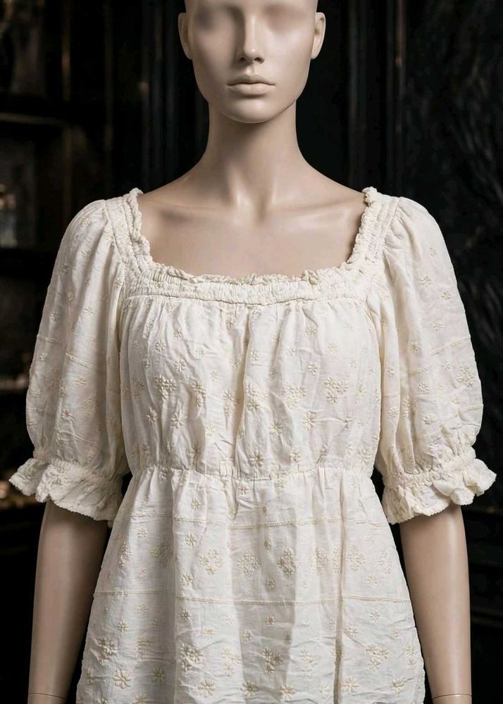 Cream Embroidered Square Neck Top