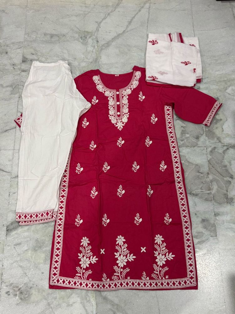 Elegant Pink 3-Piece Kurta Set with White Embroide