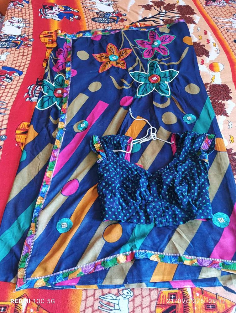 Blue Saree with Colorful Floral Print