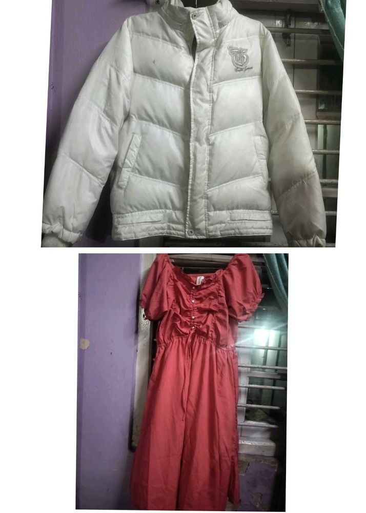 White Puffer Jacket and coral long dress