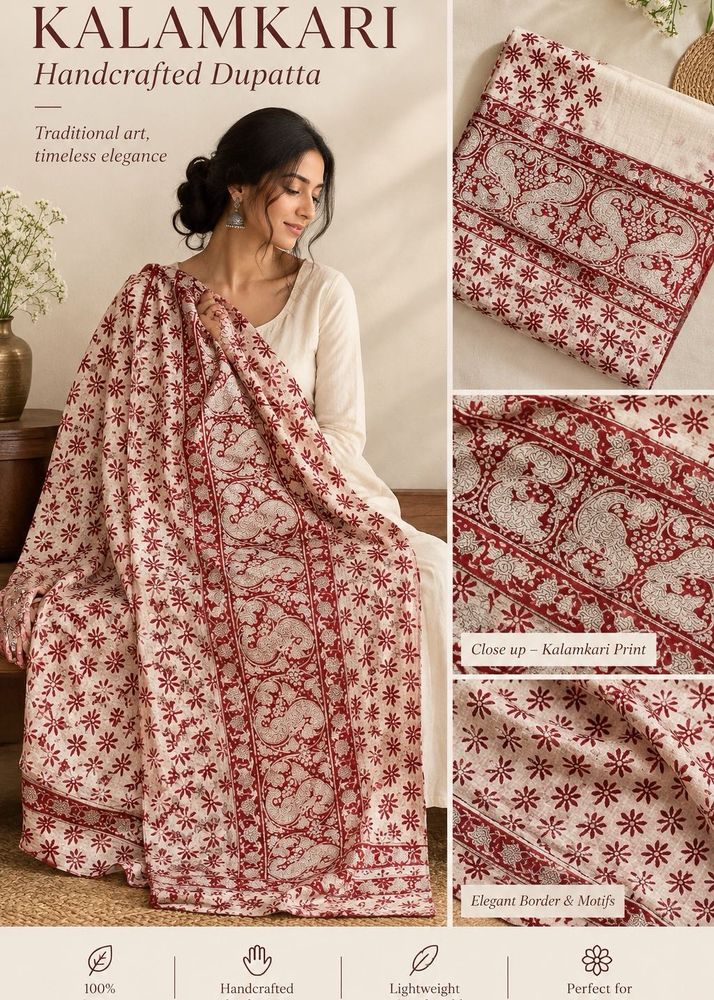 Kalamkari Handcrafted Dupatta with peacocks