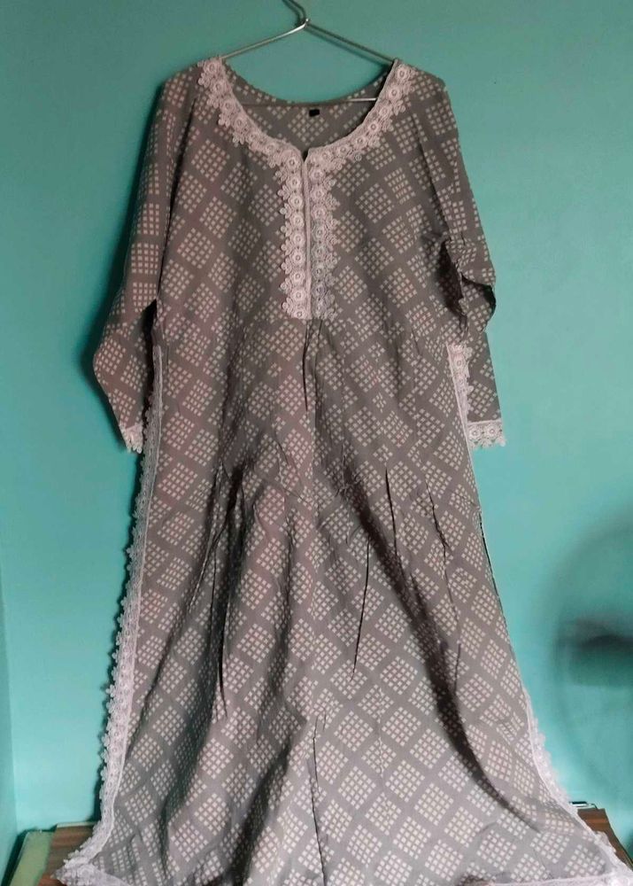 Elegant Grey Printed Kurti with Lace Detail Gown