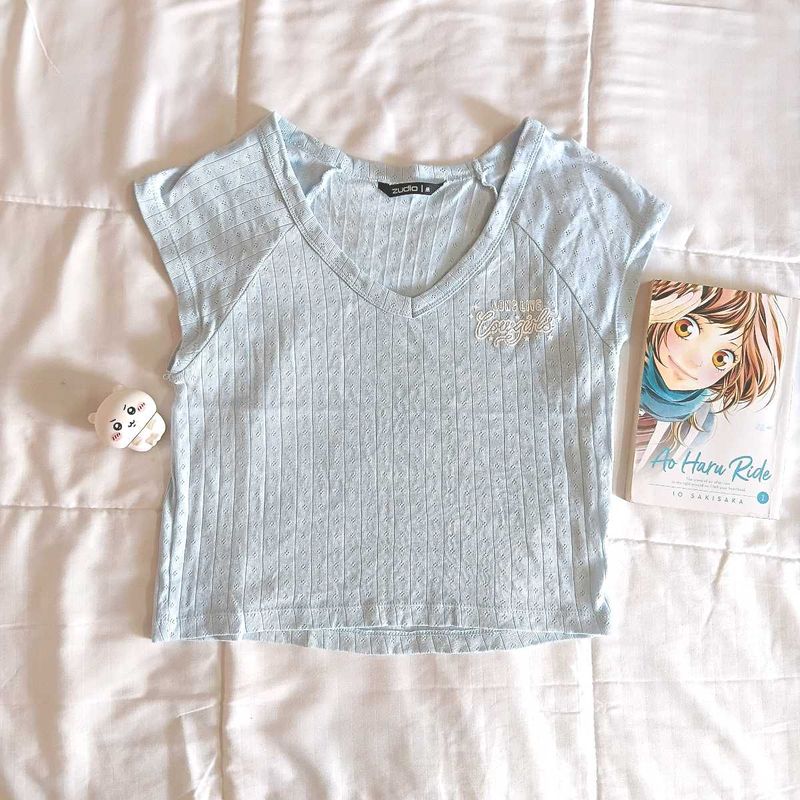 Cute Blue Ribbed V-Neck Crop Top