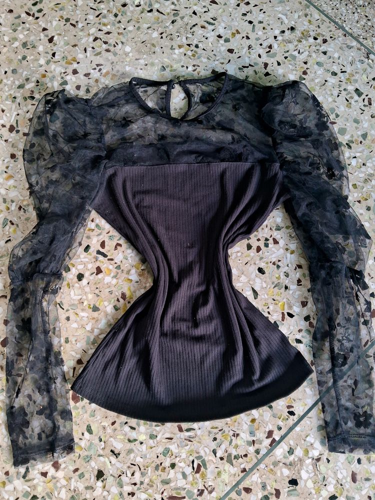 Floral Mesh Puff Sleeves Black Top