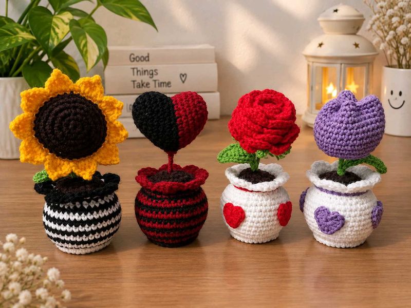 Handmade Crochet Flower Pot  (Set of 4 )