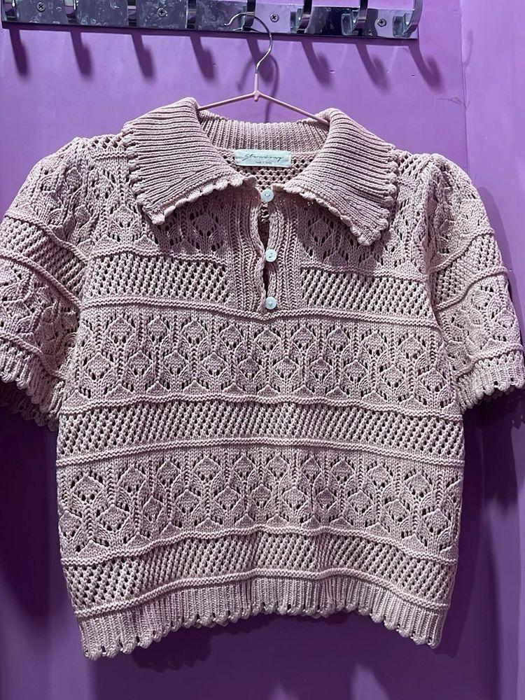 Crochet Knit Polo Top