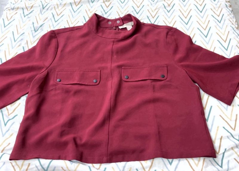 Maroon Mock Neck Pocket Blouse