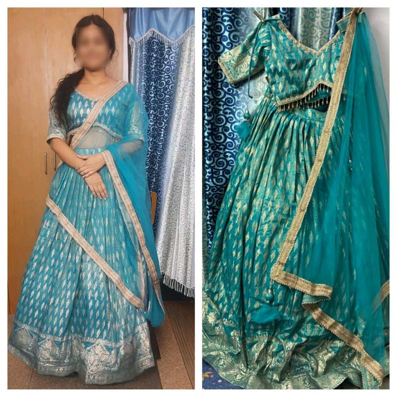 Elegant South Indian Lehenga in Teal and Silver
