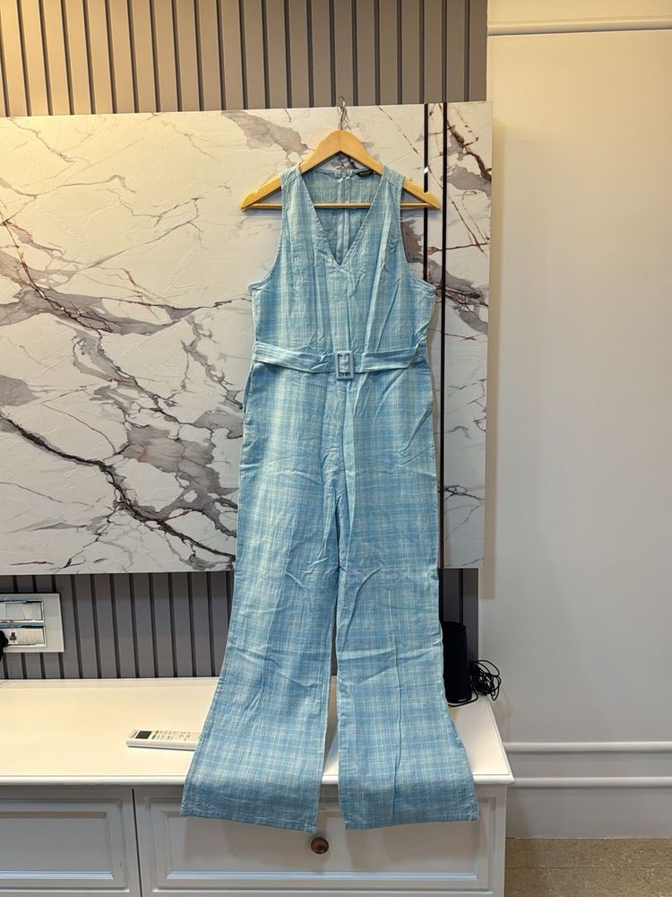 Light Blue Plaid Jumpsuit