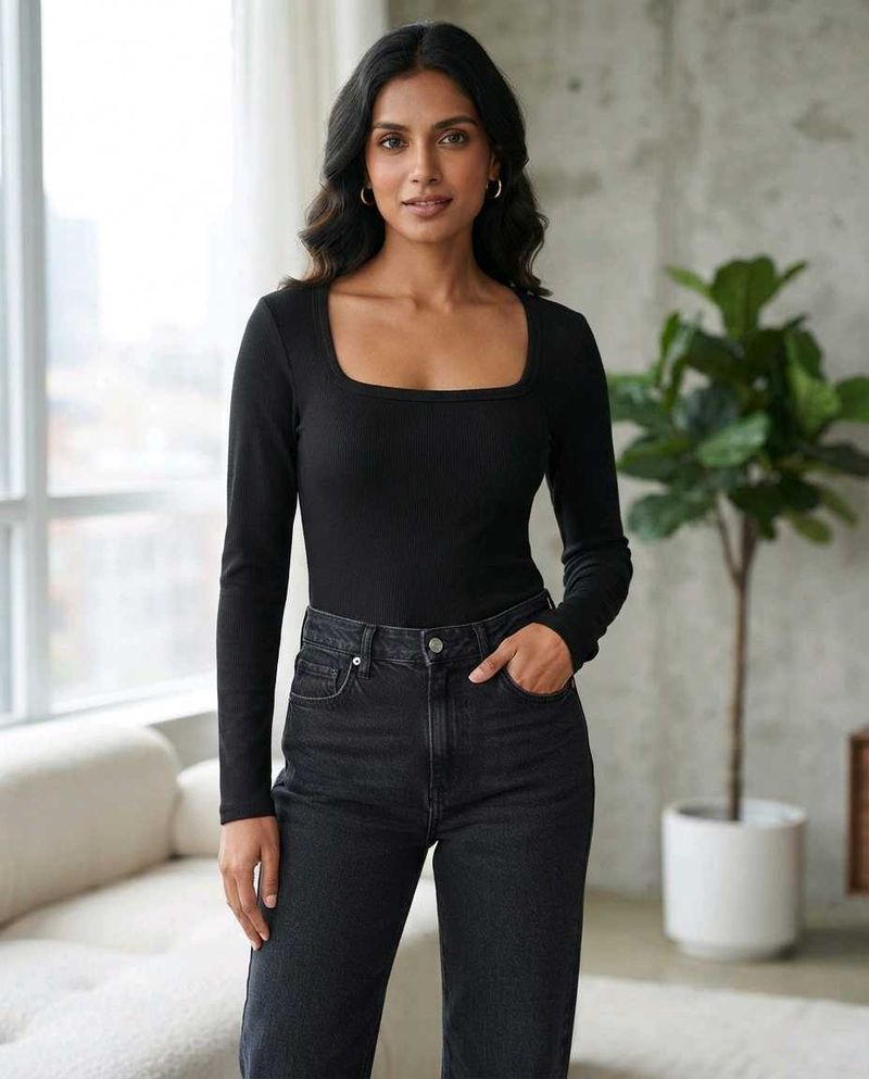 Classic Black Long Sleeve Square Neck Top