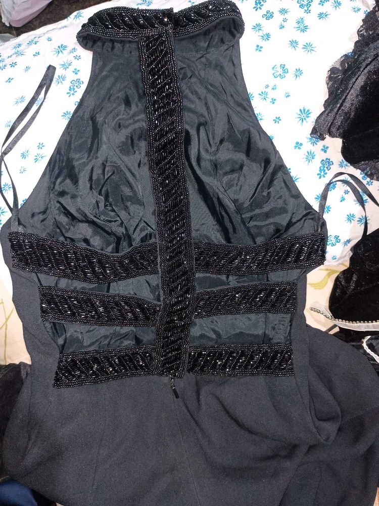 Elegant Black Halter Neck Beaded Dress