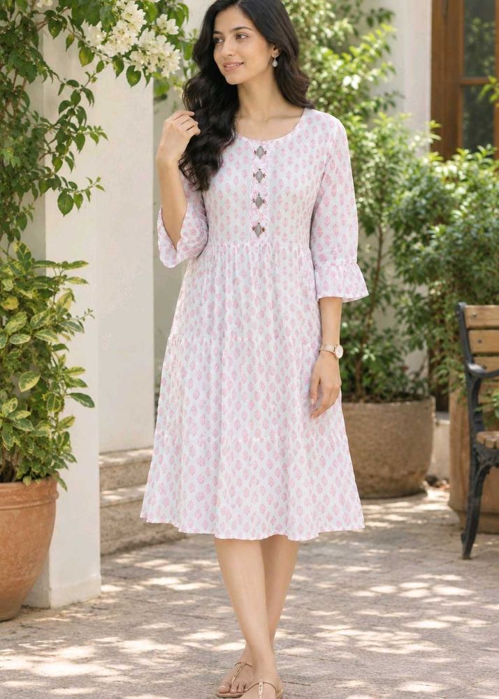 Soft cotton white and pink midi dress