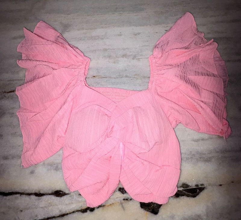 Pink Ruffle Sleeve Crop Top