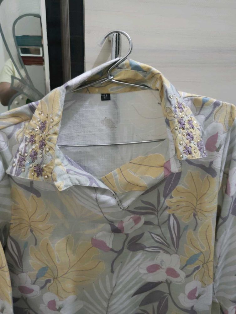 Floral Print Kurta with Embellished Neckline