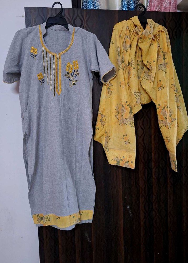 Grey Kurta with Yellow Floral Dupatta Set