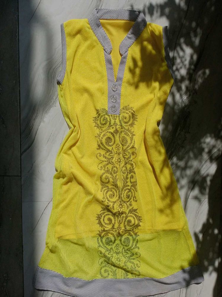 Yellow Sleeveless Kurta with Print