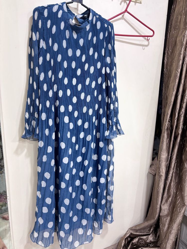Blue Polka Dot Pleated Midi Dress