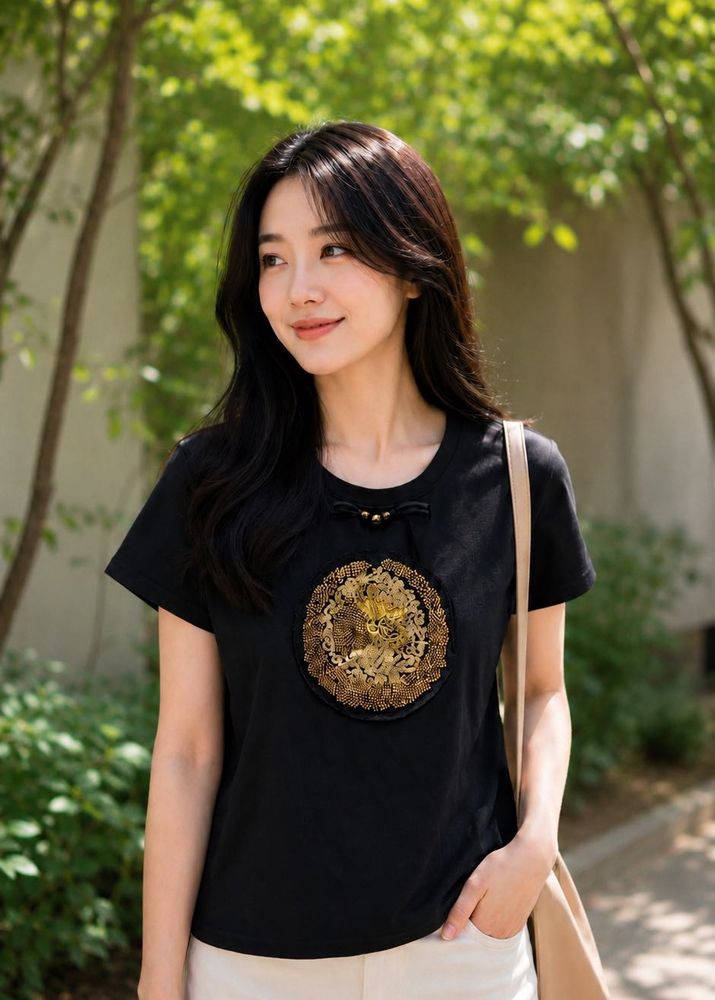 Designer Embroidered Black Pure Cotton Tee