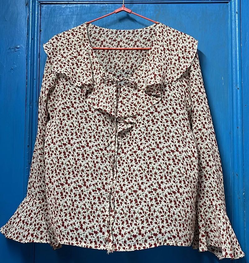 Floral Ruffle Neck Long Sleeve Top