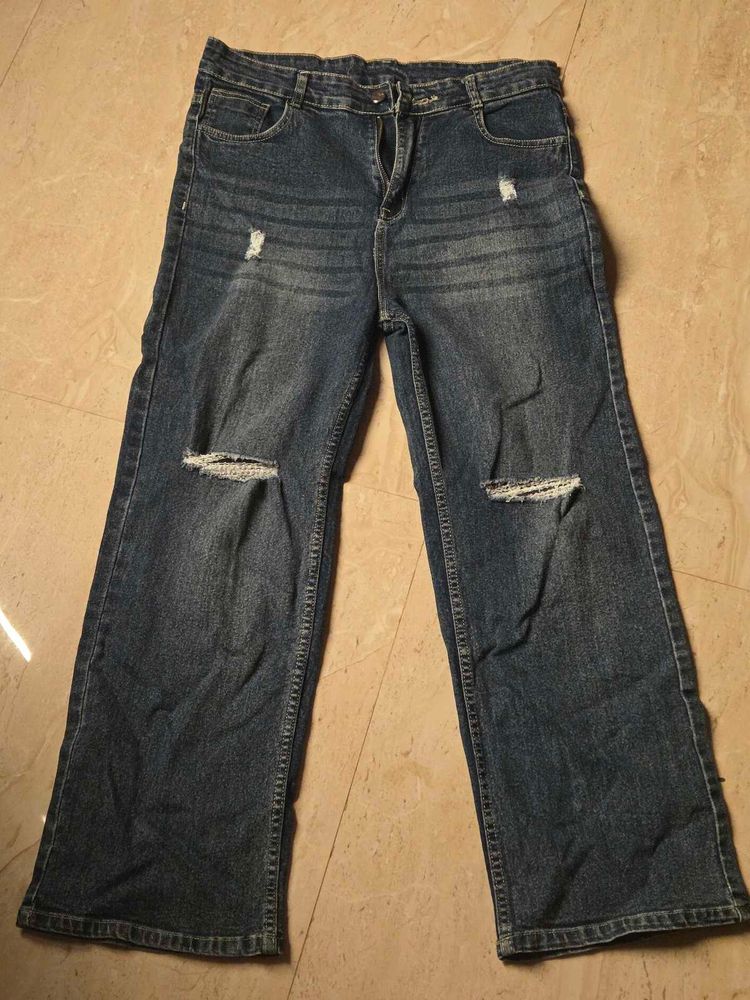 Ripped Blue Wide Leg Jeans
