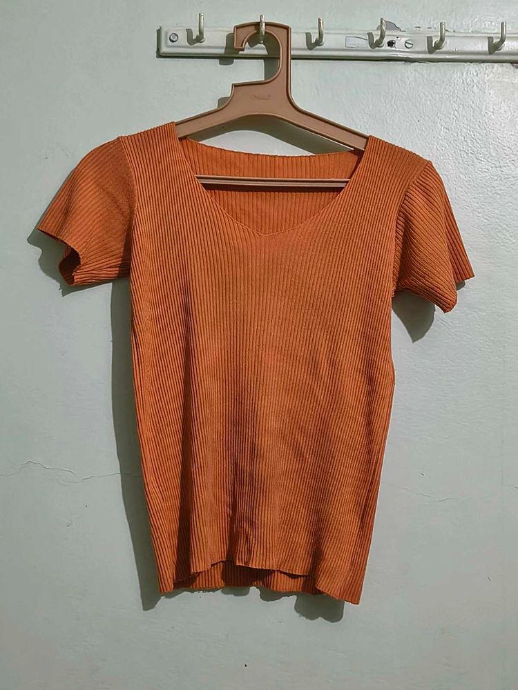 Orange Ribbed V-Neck Top