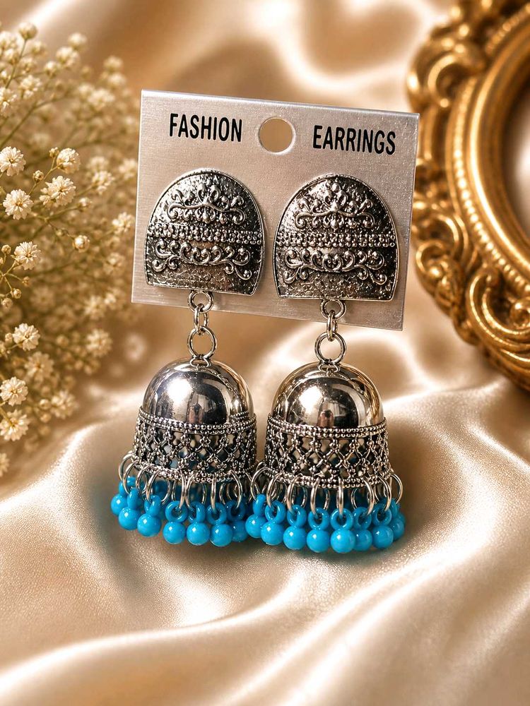 Boho Jhumka Earrings with Blue Beads