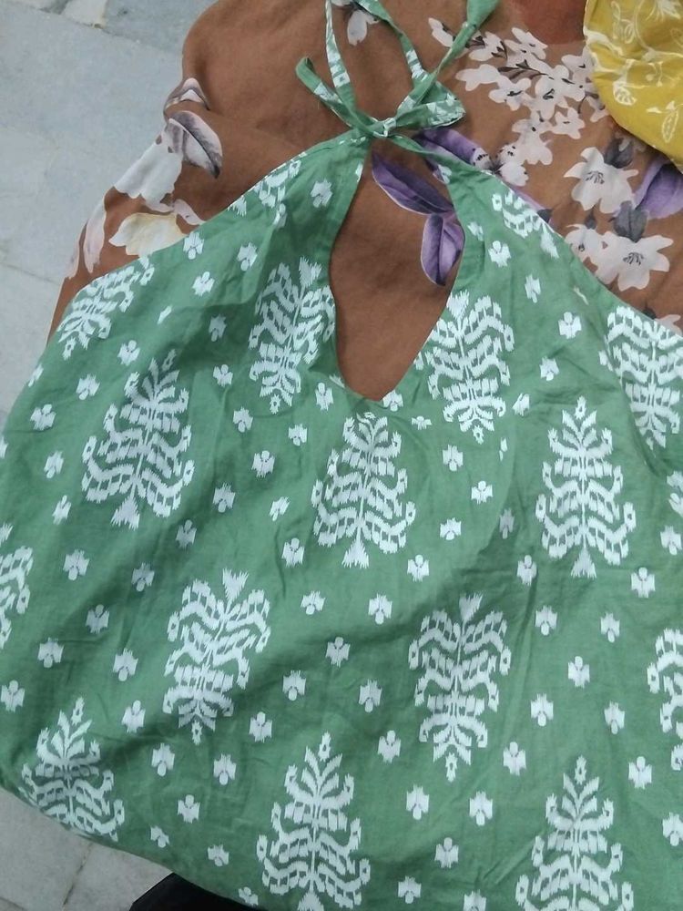 Green Ikat Print halter neck backless short kurti