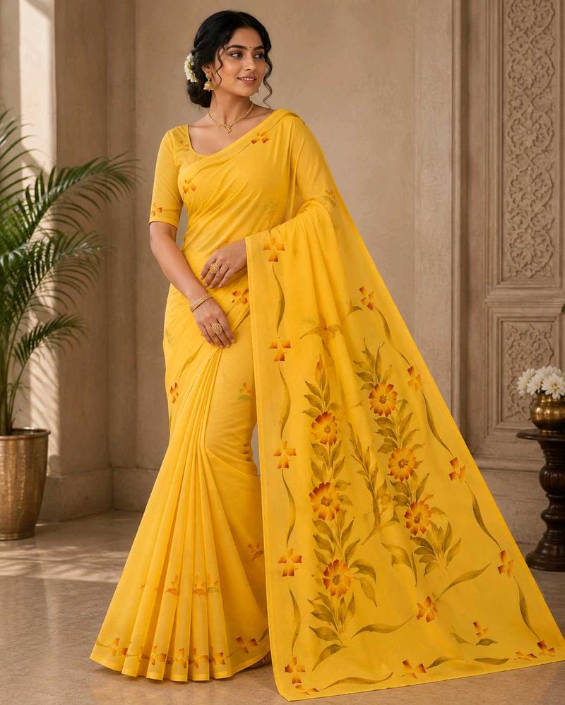 Vibrant Yellow Saree with Subtle Prints