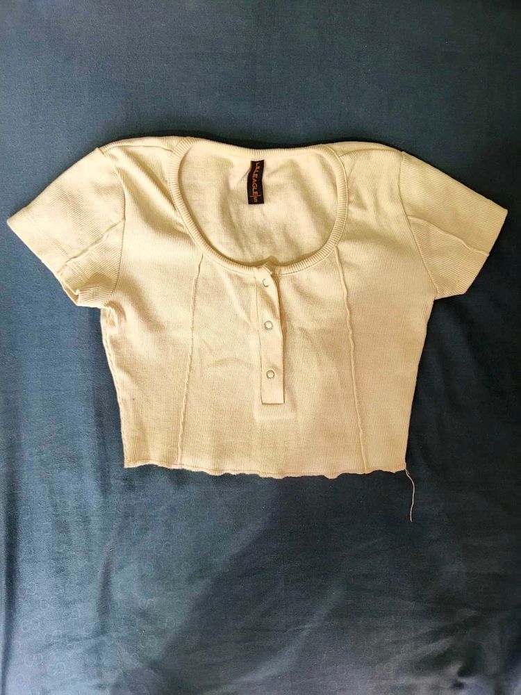 Cream Ribbed Button Up Crop Top