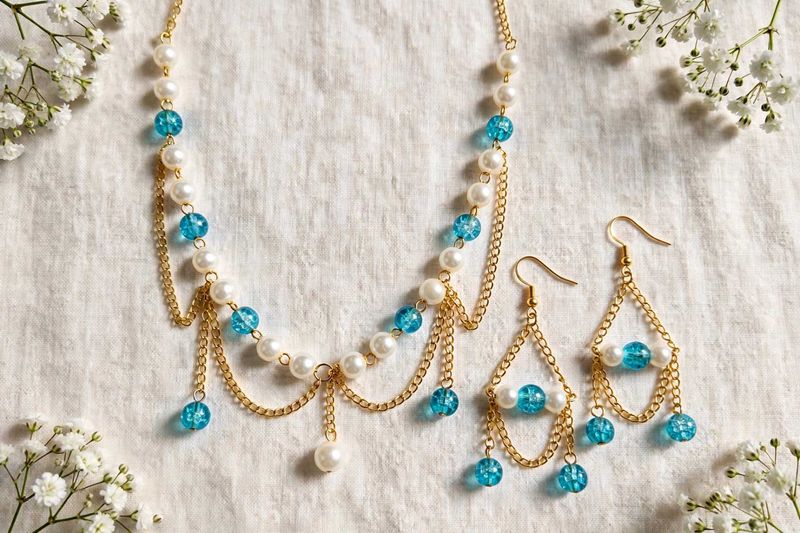 Handmade Pearl &amp; Turquoise Crystal Necklace Earrin