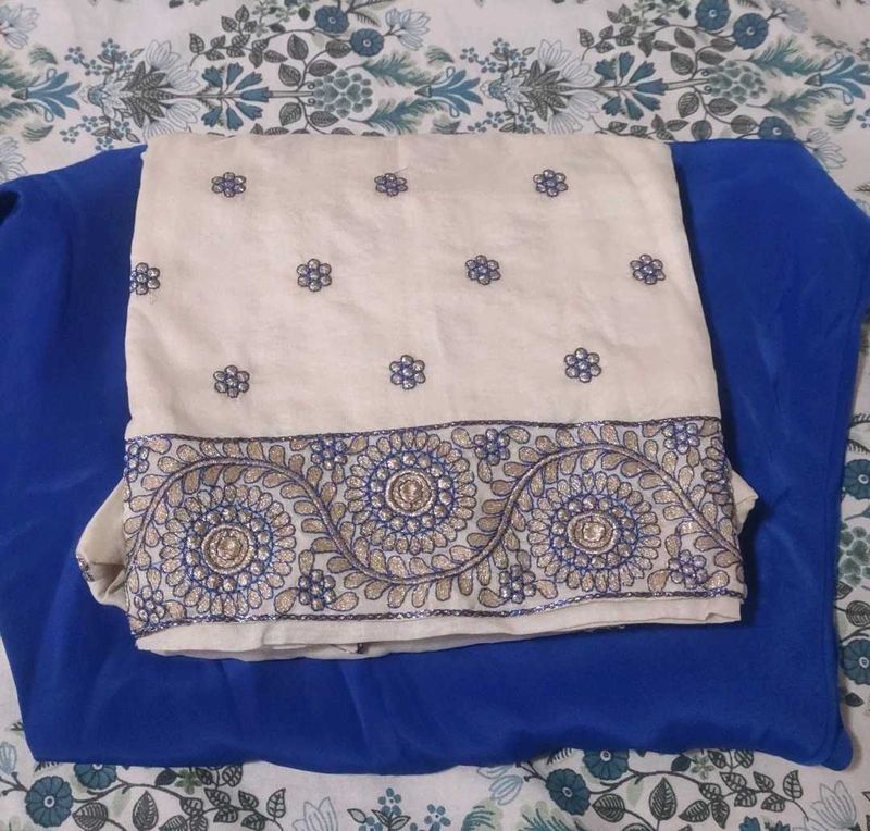 Price dropped Embroidered Cream &amp; Blue Sari