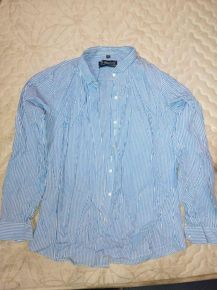 Hancock Men Blue &amp; White Striped Pure Cotton Slim