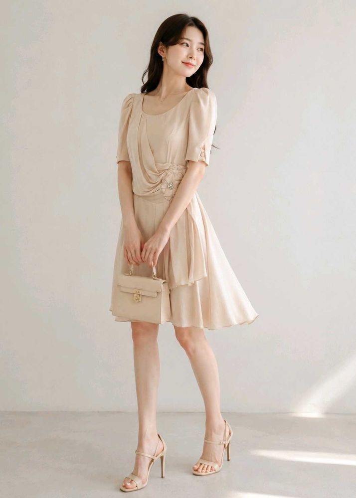 Elegant Beige Fit &amp; Flare Dress (Imported)