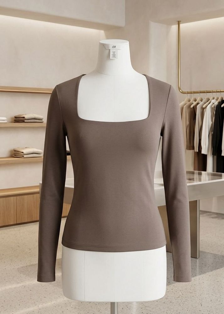 H&amp;M Brown Long Sleeve Square Neck Top