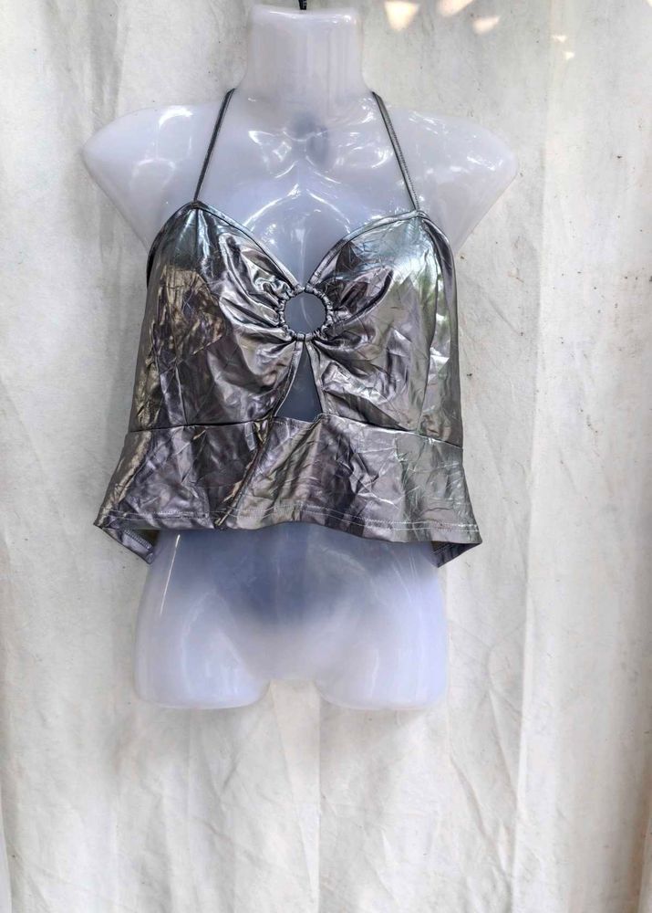 441110. Metallic Halter Neck Crop Top