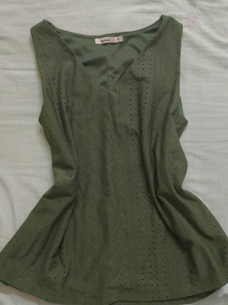 Bossini Olive Green Sleeveless Eyelet Top
