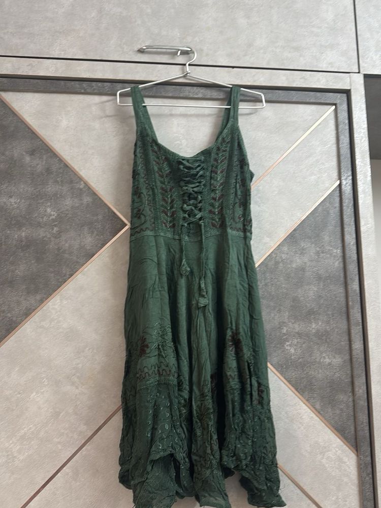 Boho Green Lace-Up Dress