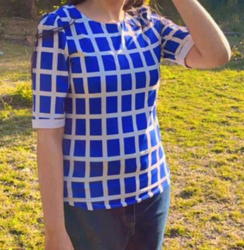 Blue Checkered Short Sleeve Top