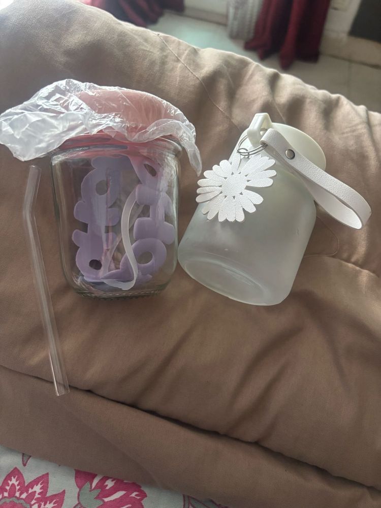 2 Cute Glass Tumblers with Straw
