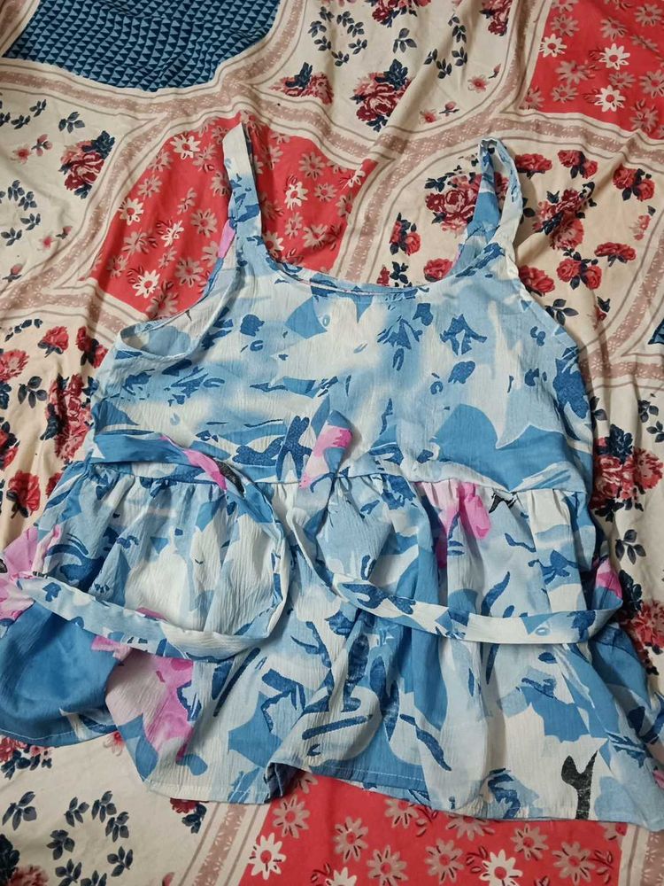 Blue Floral Ruffle Tank Top