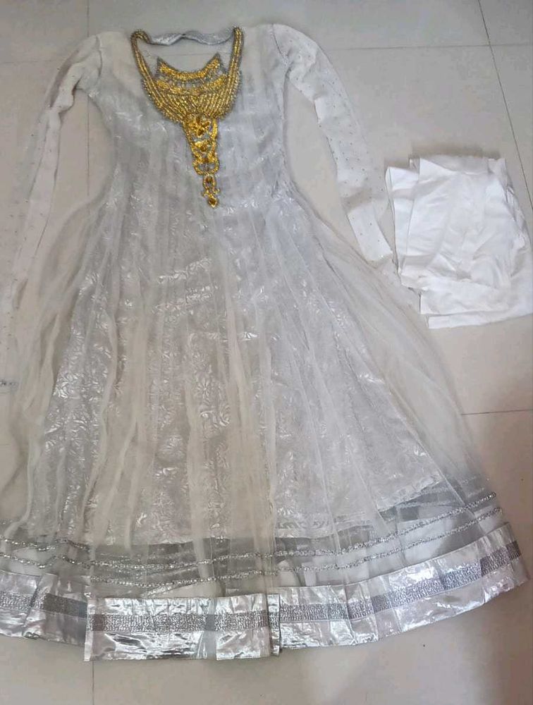 Elegant White Anarkali Set with Gold Embellishment