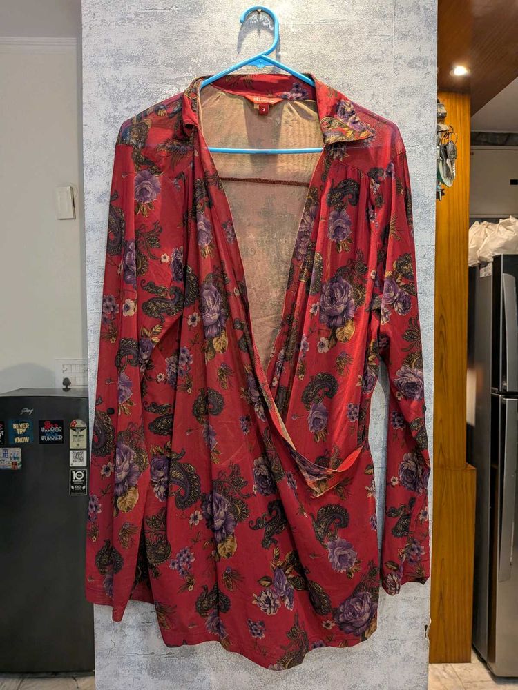 Vibrant Floral Wrap Top Net Material Plus Size