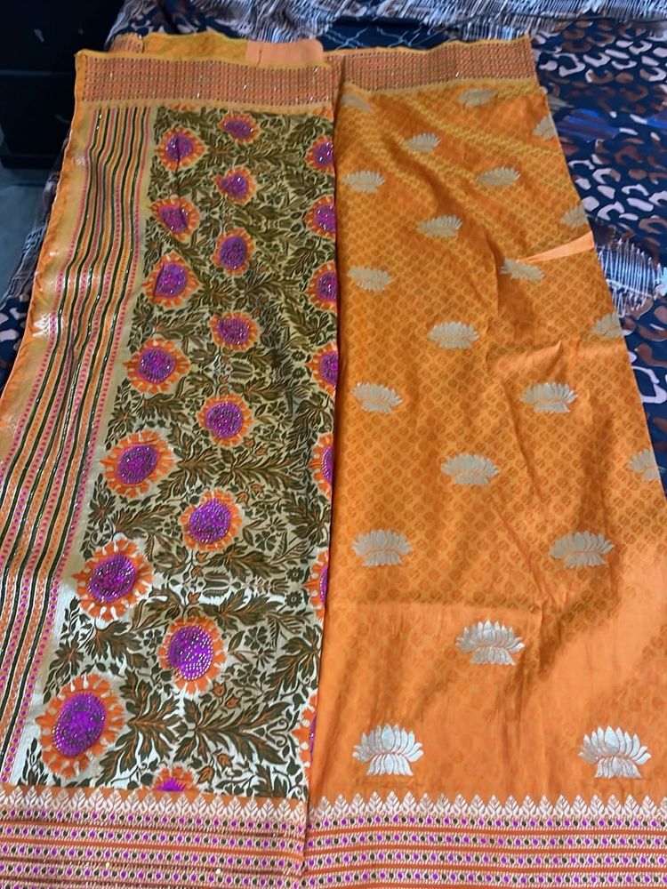 Beautiful Orange Saree with Floral Print