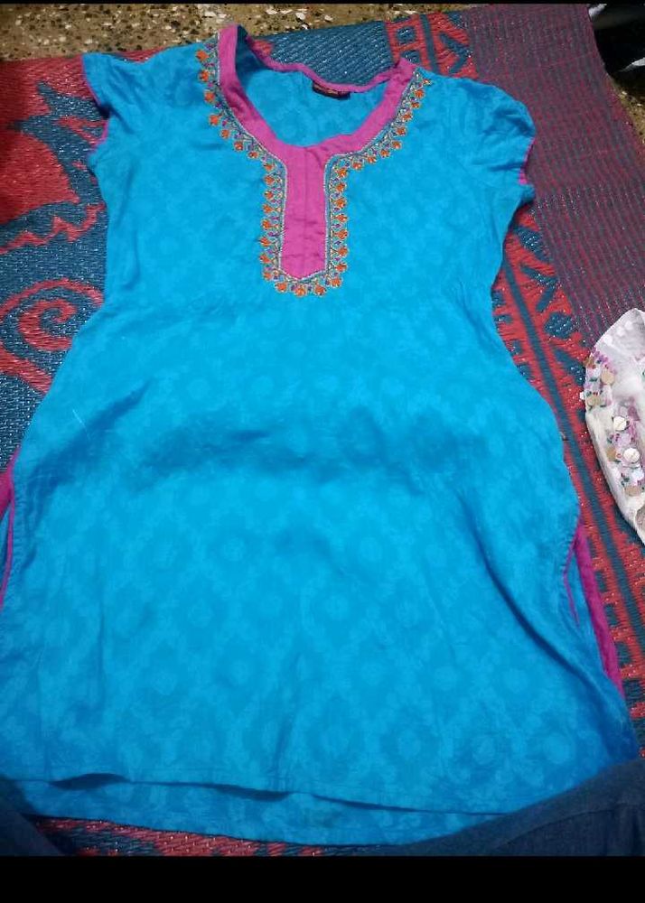Blue Kurta with Pink Neckline