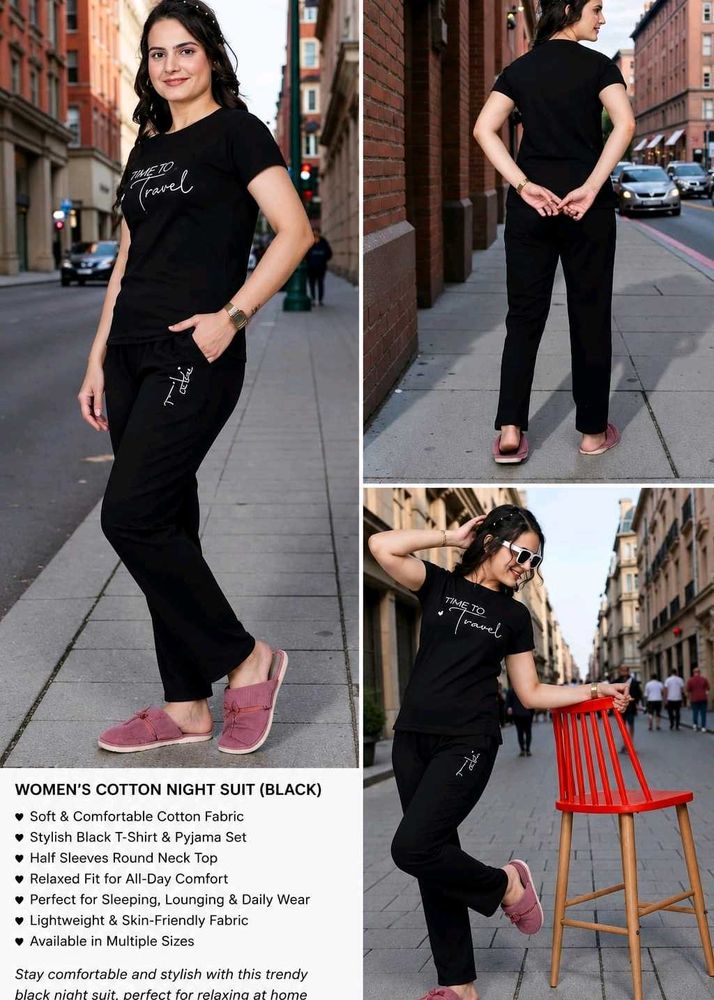 Women's Black Cotton Night Suit