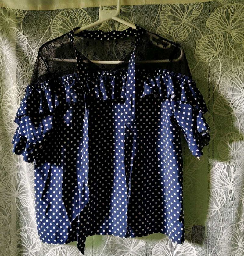 Navy Polka Dot Ruffle Top