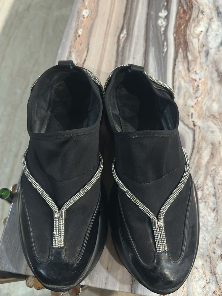 Black Embellished Slip-On Sneakers