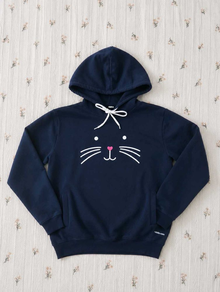 Navy Blue Cat Face Hoodie
